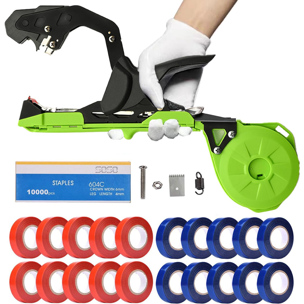 Suca Plant Tying Machine, Lightweight Plant Tying Tape Tool to Tie Up Vine Quickly, Tie Tapener Gun with Tapes and Staples Green
