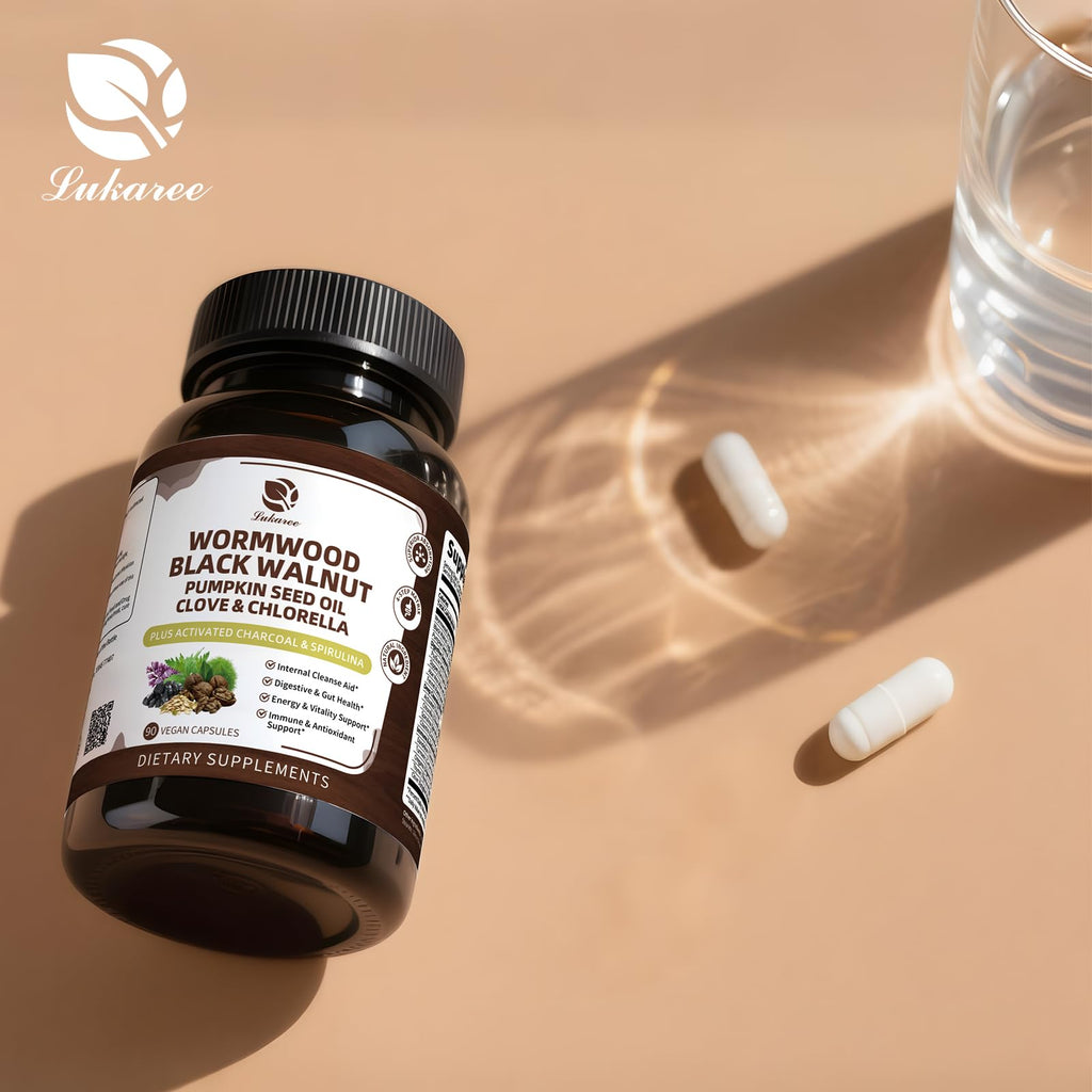 Lukaree Wormwood Black Walnut Cleanse for Human 1200mg – Ultra Gut Cleanse & Digestive Health w/Pumpkin Seed Oil,Clove,Activated Charcoal -10X Concentrated, Men & Women Probiotic Capsules -Vegan,90 CT