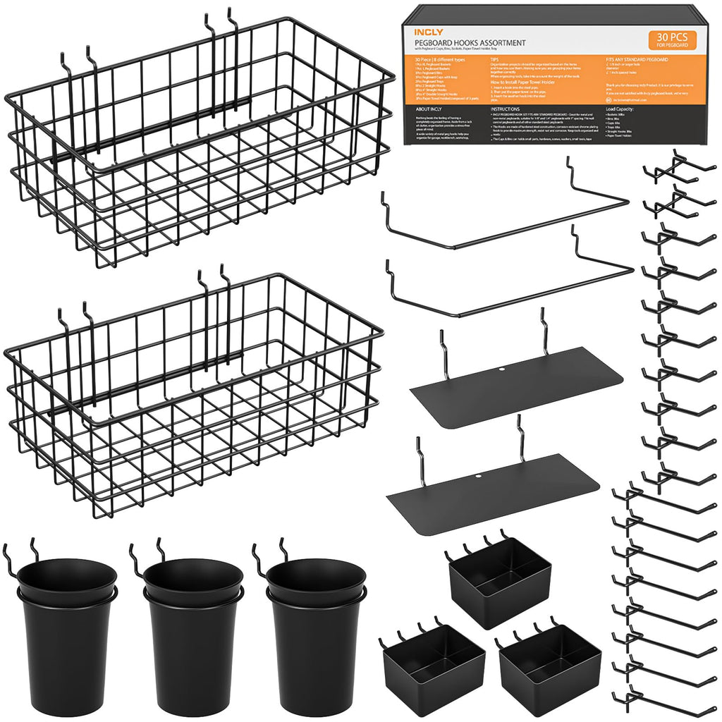 INCLY 30PCS Peg Board Organizer Accessories Kit, Pegboard Hooks Assortment with Bins, Cups, Wire Baskets and Paper Towel Holder for 1/8“ and 1/4” Pegboard Garage Workbench Craft Room Organizing Tools