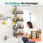 HAMITOR Corner Shower Caddy Tension Pole: 4-Tier Adjustable Shelf Black