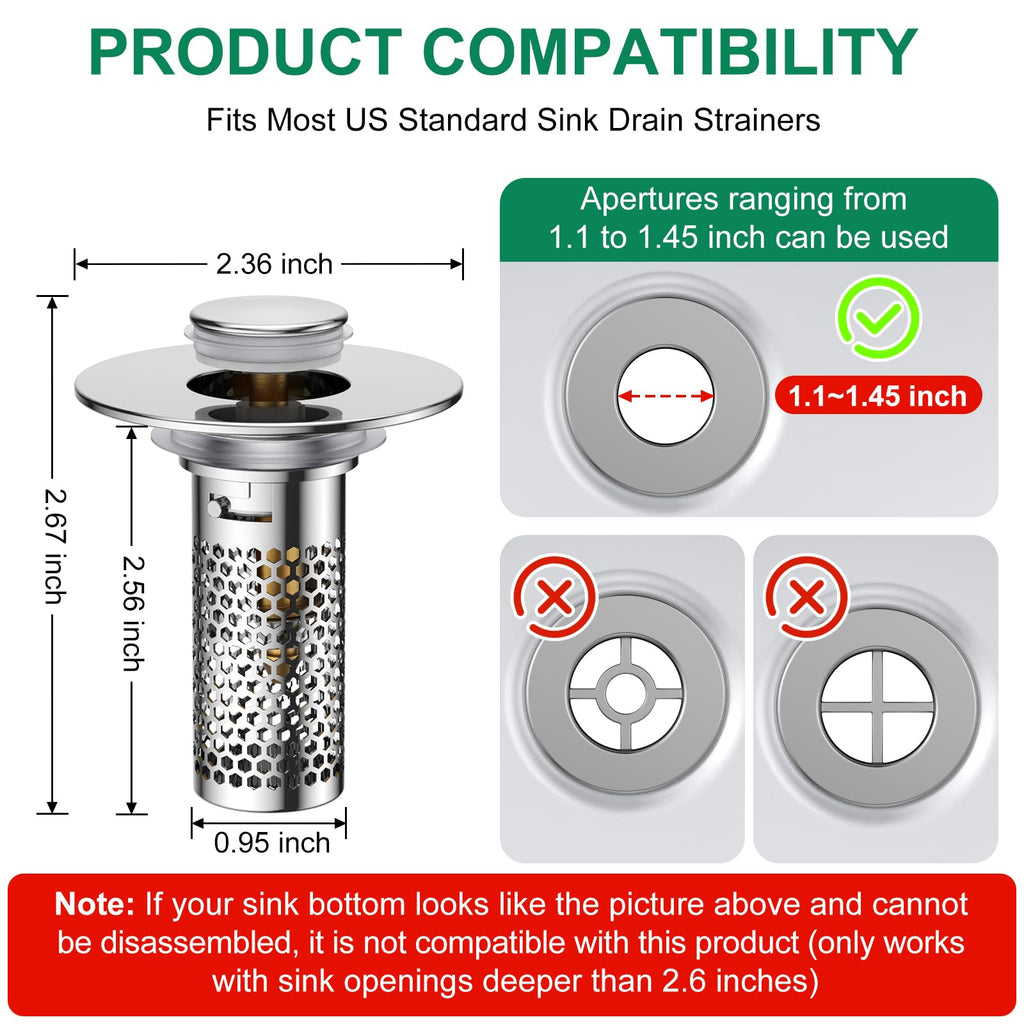 Bathroom Sink Drain Strainer,Universal Pop-Up Sink Stopper Hair Catcher, Anti-Clog Stainless Steel Drain Filter Basket, Removable Sink Drain for Bathroom Sink Stopper (YSilver-2（with Buckle）)