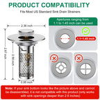 Bathroom Sink Drain Strainer,Universal Pop-Up Sink Stopper Hair Catcher, Anti-Clog Stainless Steel Drain Filter Basket, Removable Sink Drain for Bathroom Sink Stopper (YSilver-2（with Buckle）)
