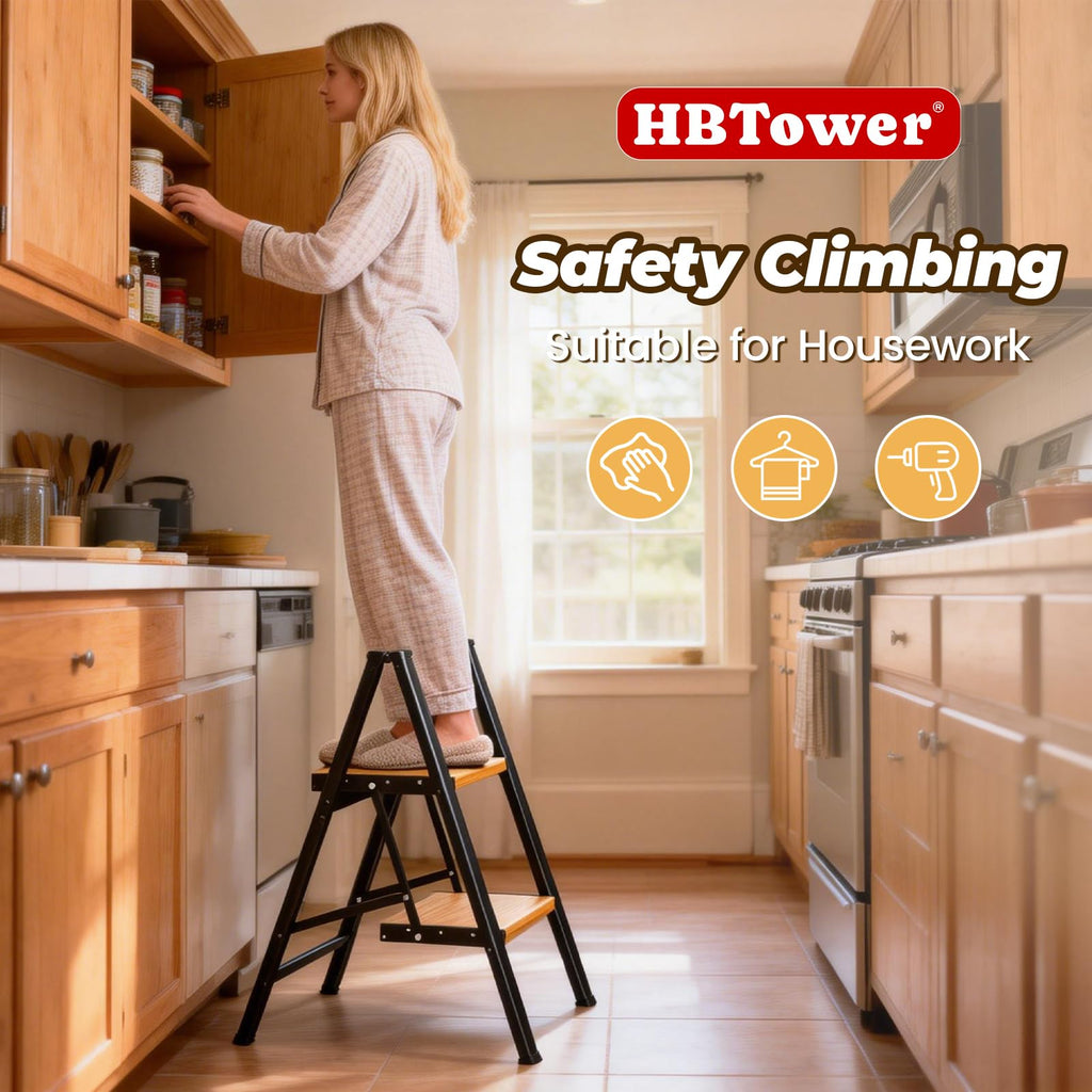 HBTower Step Ladder,Lightweight Aluminum Folding Step Stool with Anti-Slip Wide Pedal,330lbs Capacity Step Ladder for Household,Kitchen,Office - BlackWoodgrain