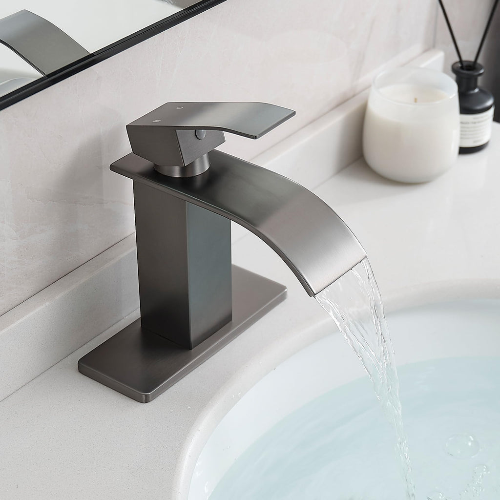 FRANSITON Brushed Grey Waterfall Bathroom Faucet Lavatory Single Handle 1 or 3 Hole Bathroom Sink Faucet with Deck and Pop-up Drain (Brushed Grey, Short)
