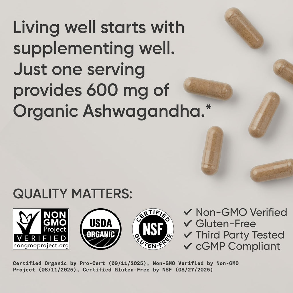 Sports Research® Ashwagandha w/Organic KSM-66® – 600 mg – Adaptogen for Relaxation, Calm & Sleep Support – USDA Organic · Non-GMO ­· Vegan Certified – 90 Veggie Capsules
