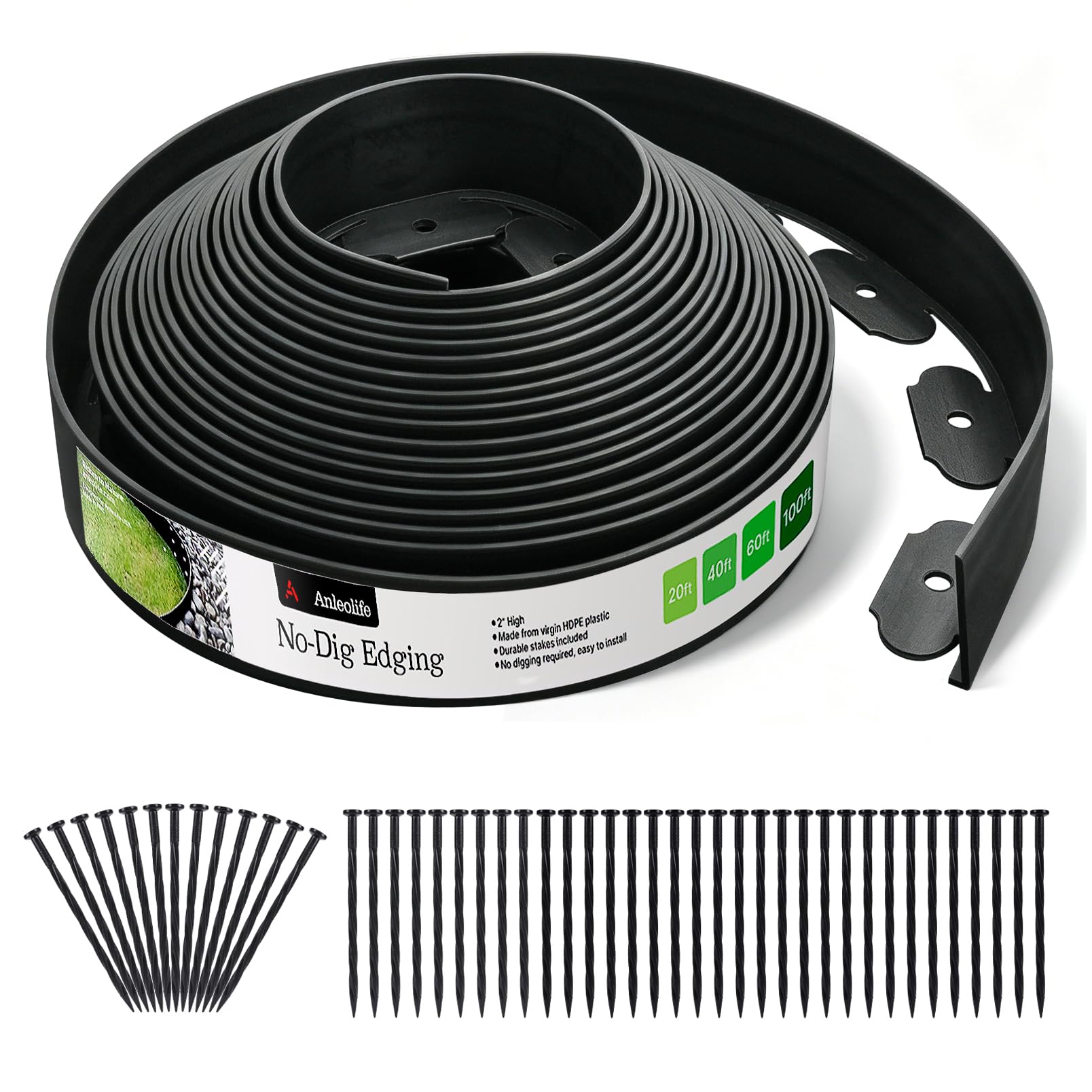 No Dig Durable Garden Landscape Edging Kit, 2" Tall Black Plastic Lawn Border for Landscaping, Flower Gardens, Lawn (100FT+ 120pcs Anchoring Spikes, Black)
