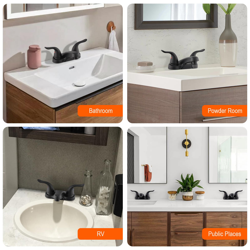 Bathroom Sink Faucets 2/3 Hole,Matte Black Dual Handles 4 inch Plastic Plating Over Bathroom Faucet with Pop-up Drain and 2 Supply Hoses for Apartment Rvs Sink Vanity