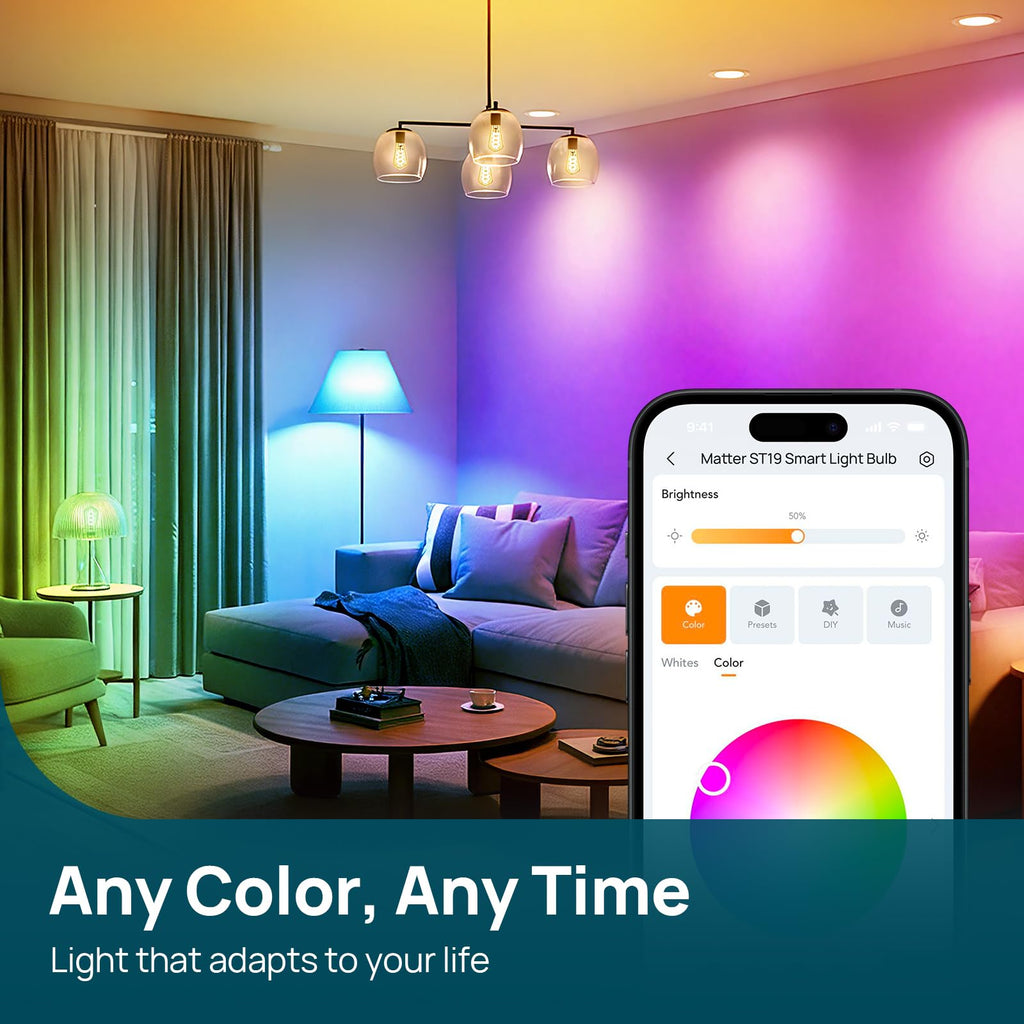 Linkind Matter Smart Bulbs, ST19/ST58 E26 Led Bulb Compatible with Alexa, Smart Light Bulbs, WiFi Bulbs, RGBTW Color Changing Light Bulb, 2.4Ghz WiFi Bulb, 850 LM 1 Pack
