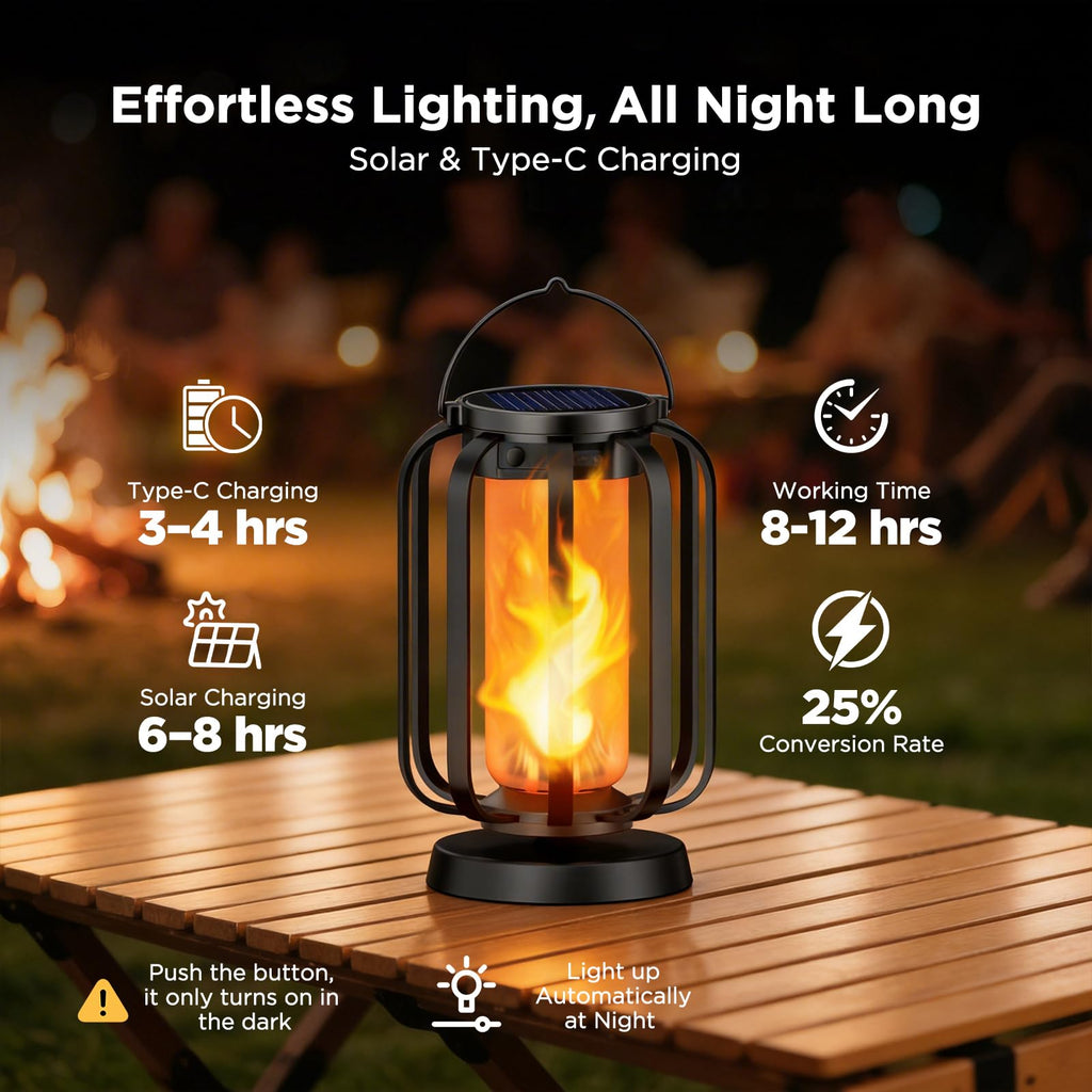 Hompavo Gen2 Solar Lanterns Outdoor Lights with Ultra-Real Flame, 2 Charging (USB/Solar) & 2 Modes - Waterproof Decorative Hanging/Table Lights for Pathway Yard Patio Garden Decor Gifts for Women, 2