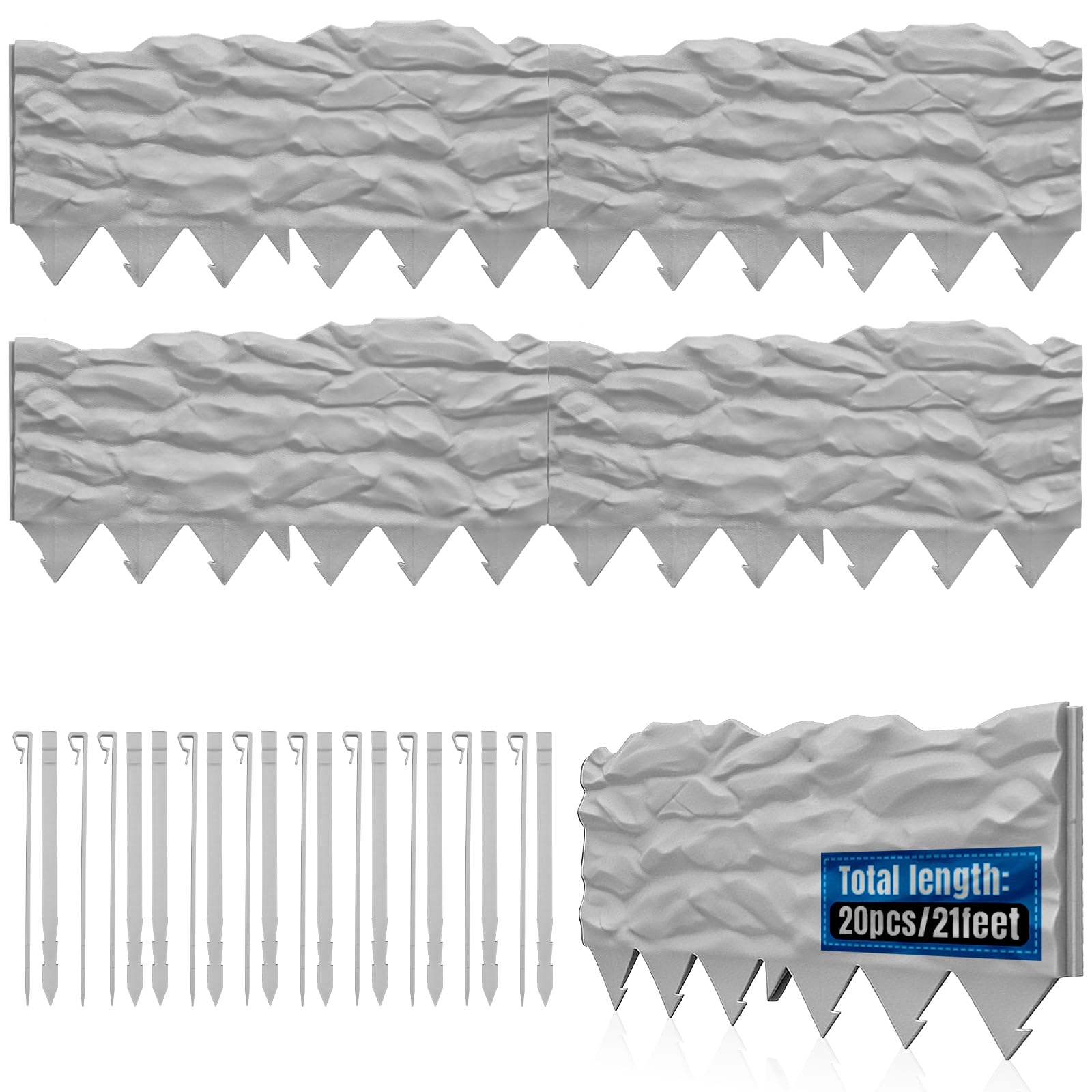 20Pcs Garden Edging Border with 20 Pcs Stakes, 21Ft, Marbled Design