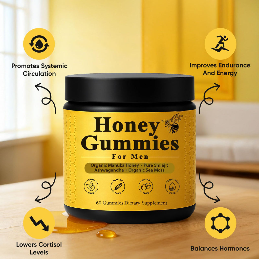 Dotkara Honey Gummies for Men, Vitality Booster Manuka Honey Gummies, with Shilajit, Ashwagandha, Sea Moss, Improves Endurance, Lowers Cortisol, Reduces Fatigue, Vegan, Non-GMO (60 Gummies) (1)