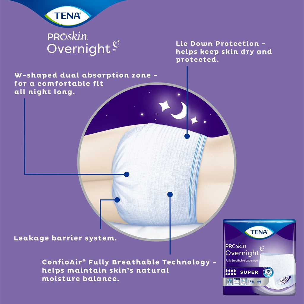 TENA ProSkin Overnight Super Protective Incontinence Underwear, Heavy Absorbency, Unisex, X-Large, ( 48 Total - 4 Pack)