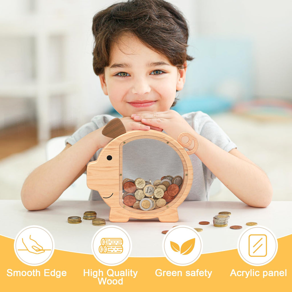 Summidate Piggy Bank for Kids,Large Wooden Pig Money Bank for Boys Girls