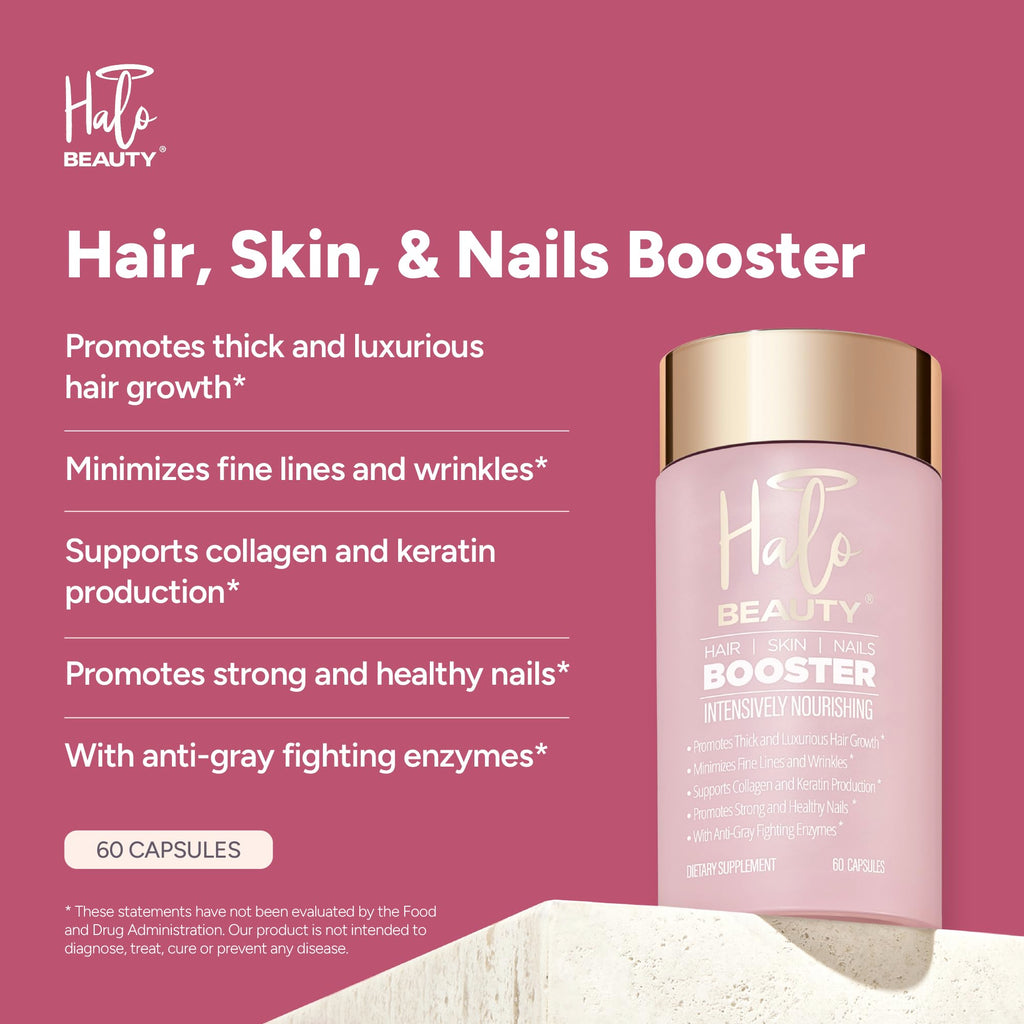 Halo Beauty Hair Skin & Nails Supplement | Thicker Hair Growth, Radiant Skin & Strong Nails Support with Biotin, Saw Palmetto & Phytoceramides | Vegan Capsules | Made in USA | 1-Month Supply