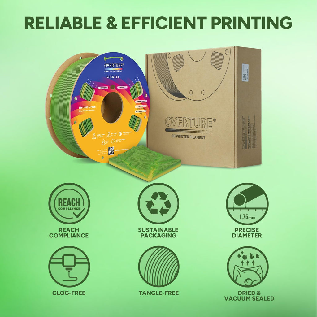 OVERTURE Rock PLA Filament 1.75mm, Marble PLA, 1kg Wetland Green