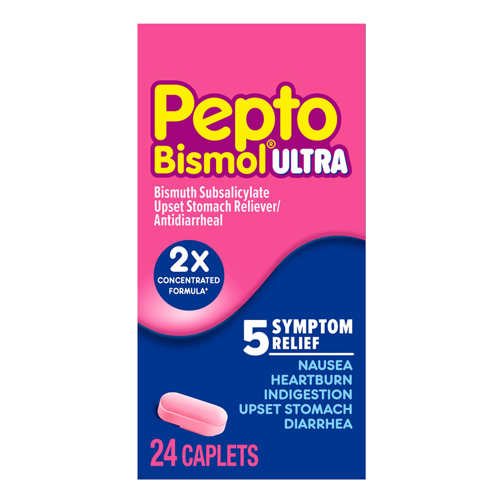 Pepto Bismol ULTRA Caplets, Upset Stomach Relief, Nausea Relief, Heartburn Relief, Indigestion Relief, Anti Diarrhea Medication for Adults - 5 Symptom Relief, 48 ct (2x24 ct)