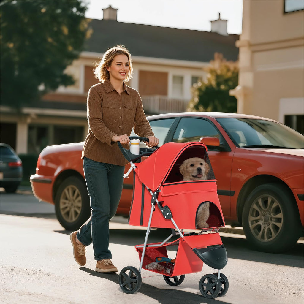 Pet Stroller for Small Dogs 10 lbs, Dog Stroller for Medium Dogs 30 lbs, Cat Strollers for 2 Cats, 3 Wheels Foldable Jogger Puppy Stroller with Storage Basket and Cup Holder, Red