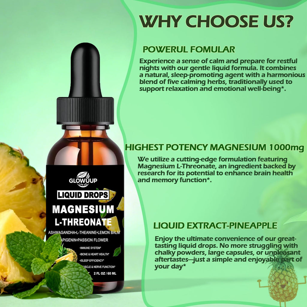 Magnesium L-Threonate Liquid Drops, Magnesium L Threonate Supplement w. Apigenin,Theanine,Lemon Balm for Sleep & Memory, Brain & Nerve Support, Fast Acting Liquid l Threonate Magnesium Than Capsules