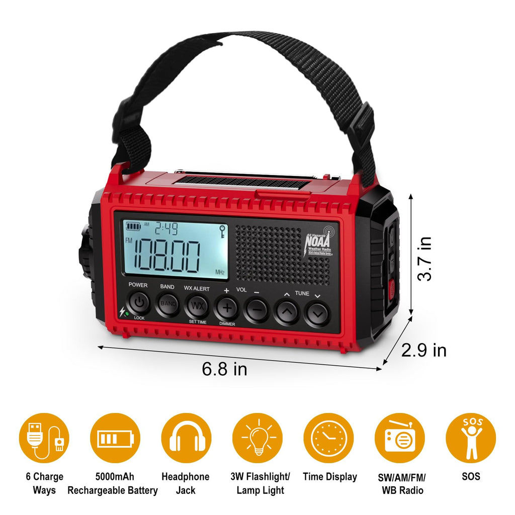 Raynic Emergency Radio, 5000mAh/18500mWh Weather Radio, Solar Hand Crank Emergency Radio with AM/FM/SW/NOAA, Cell Phone Charger, Headphone Jack, Flashlight, Type-C Charging and SOS Siren for Hurricane