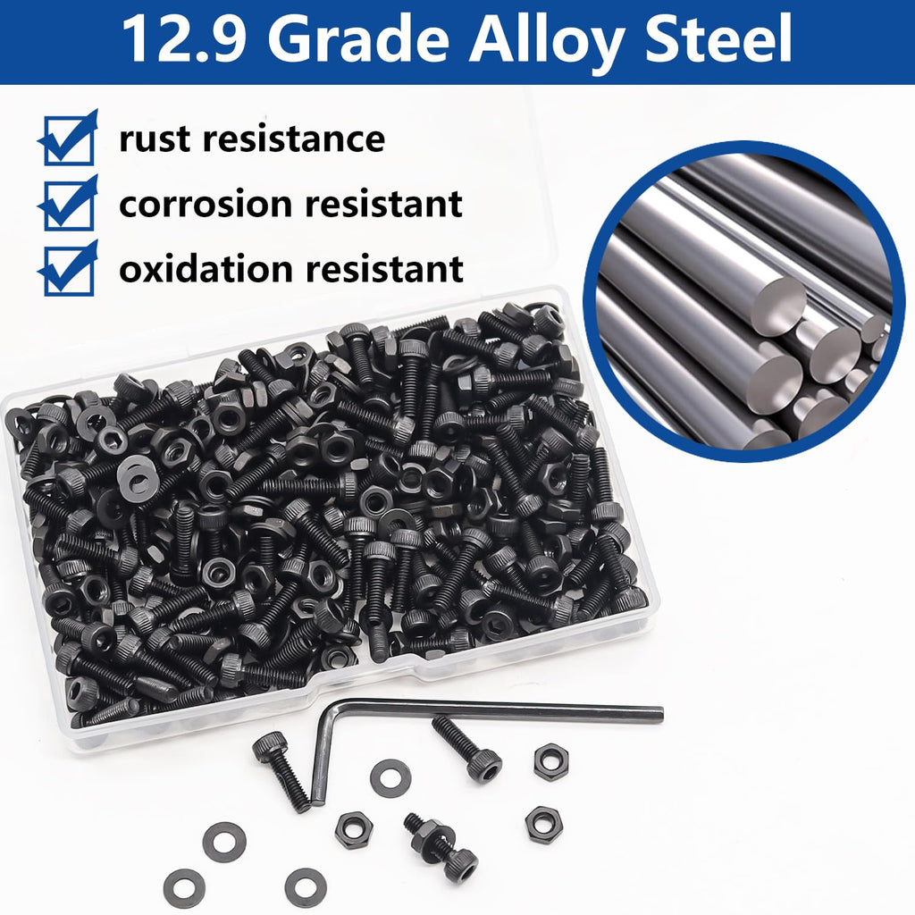 Bemaka 285PCS M3 x 6mm Screws with Nuts and Washers, Hex Socket Head Cap Screws 12.9 Grade Alloy Steel M3 Bolts with Hex Wrench