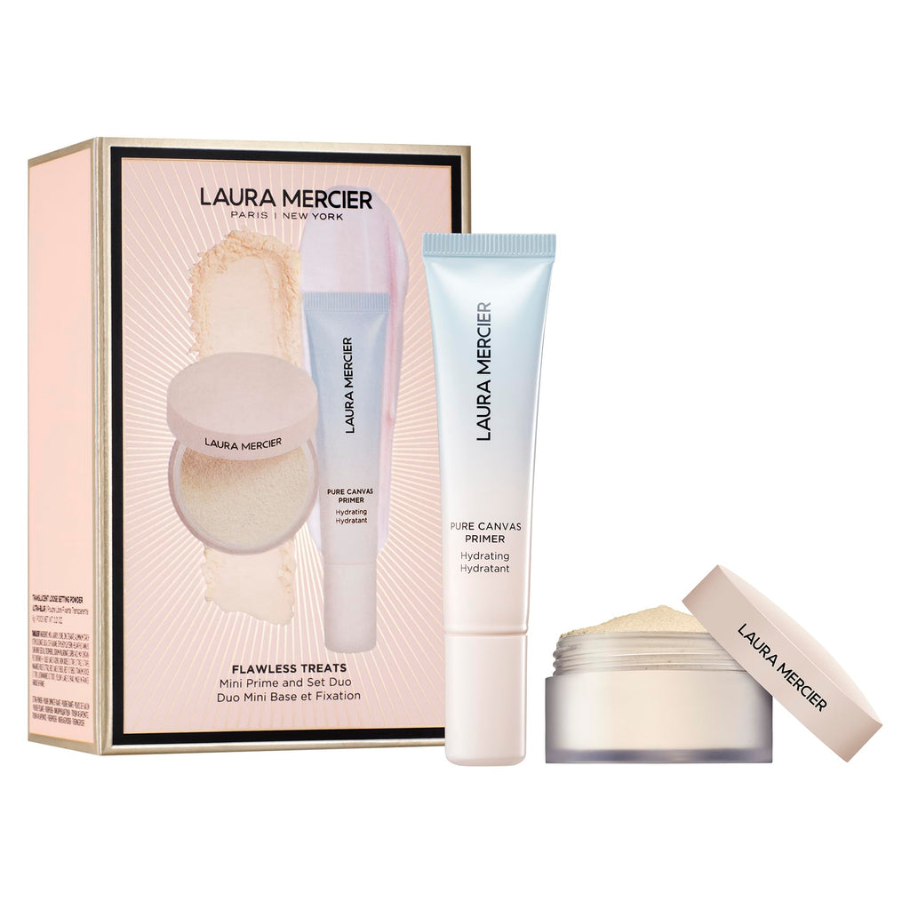 Laura Mercier Flawless Treats Mini Prime + Set Duo, Talc-Free Translucent Loose Setting Powder Ultra-Blur, Hyaluronic Acid Infused, Hydrating Primer, For Normal to Dry + Mature Skin, Holiday Gift Set