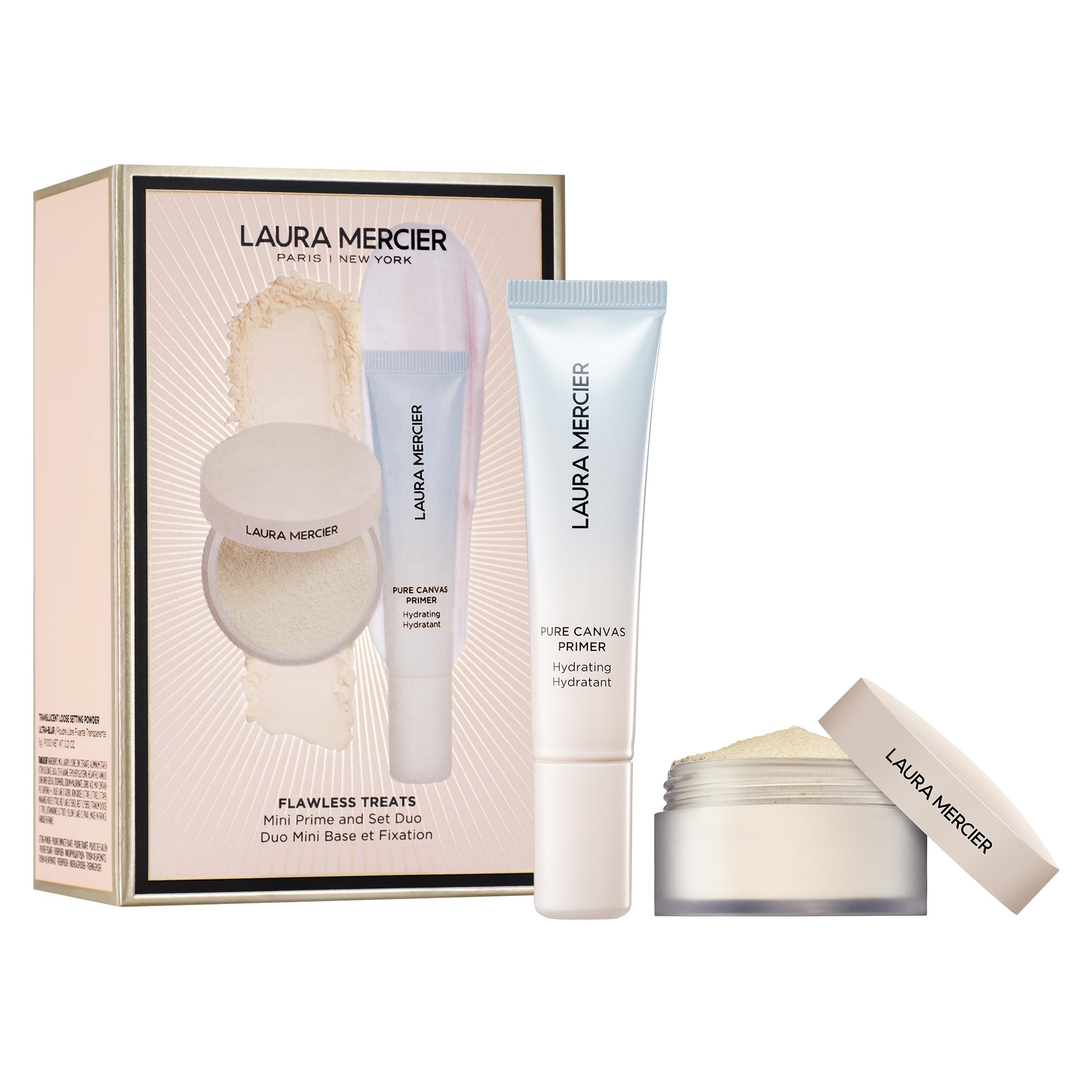 Laura Mercier Flawless Treats Mini Prime + Set Duo, Talc-Free Translucent Loose Setting Powder Ultra-Blur, Hyaluronic Acid Infused, Hydrating Primer, For Normal to Dry + Mature Skin, Holiday Gift Set