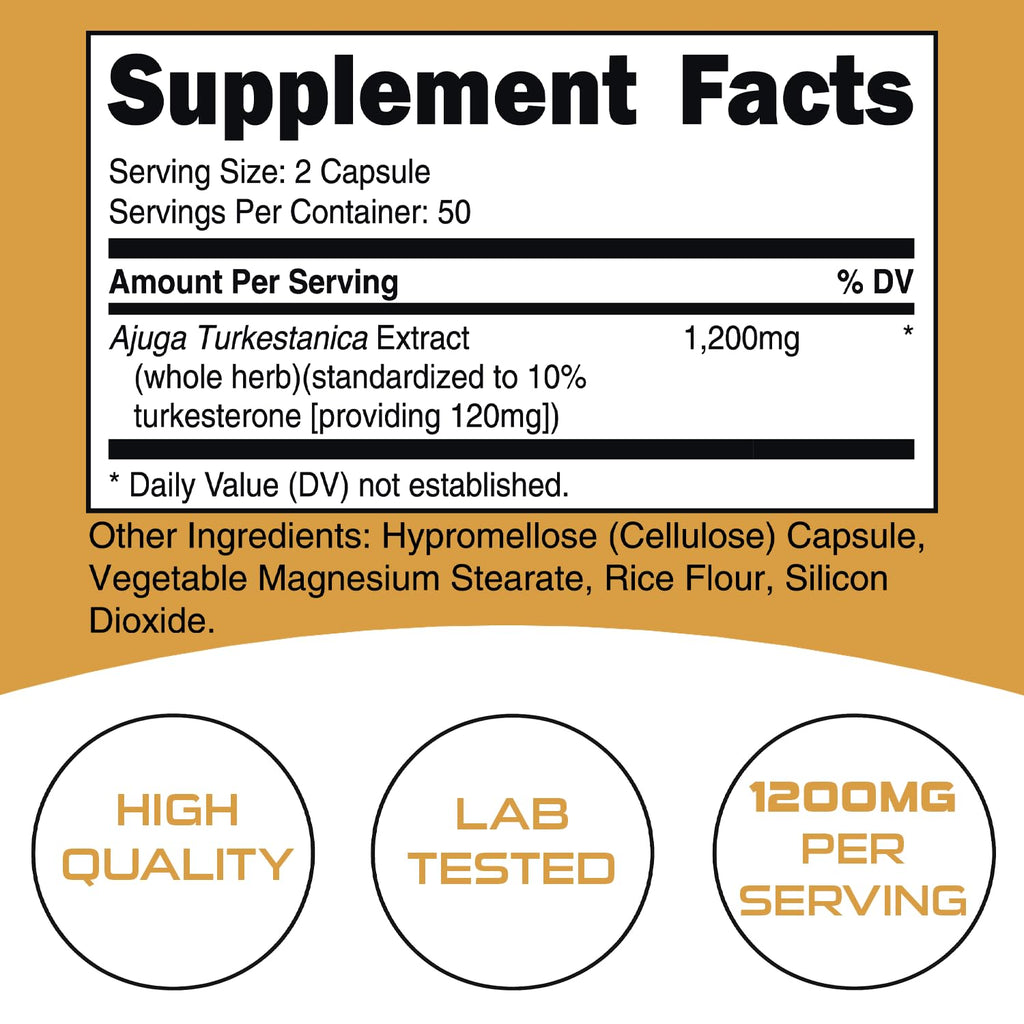 Bucked Up Turkesterone 1200mg | Ajuga Turkestanica Extract Standardized 10% | Non GMO Gluten Free Third Party Tested | Plant Based Supplement Capsules (100 Capsules, 50 Servings)