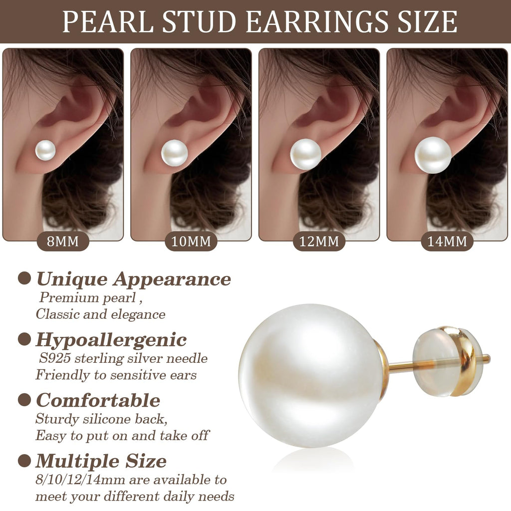 Sanglarst 4 Pairs Pearl Stud Earrings Sterling Silver Earring Flat Round