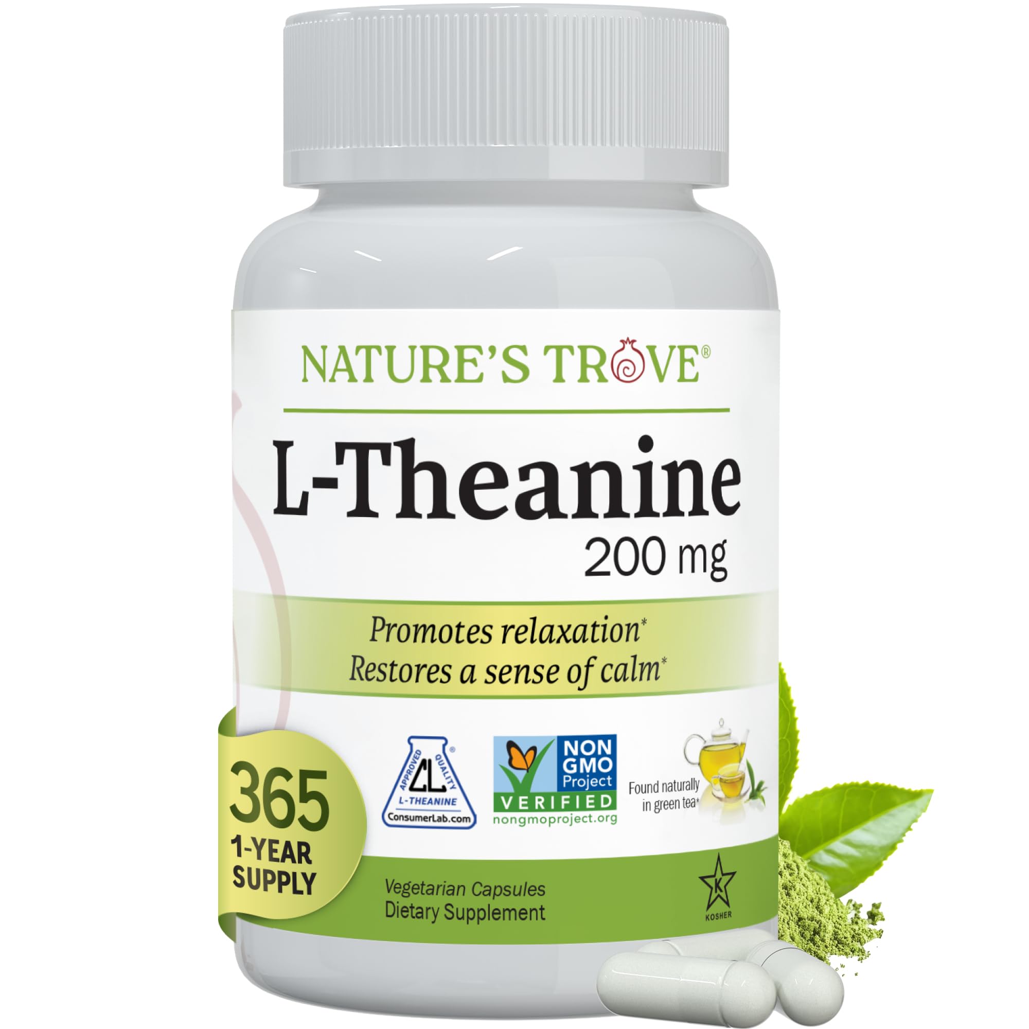 Nature's Trove L-Theanine 200mg Super Value Size - 365 Vegetarian Capsules