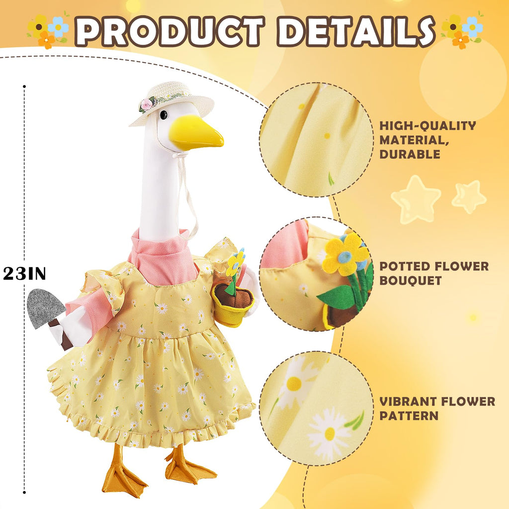Erythem Gardener Porch Goose Outfits, Cute Spring Porch Goose Clothes with Straw Hat, Shovel & Flower Pot Fits 23" Cement Plastic Geese Statue for Outdoor Garden Yard Decor