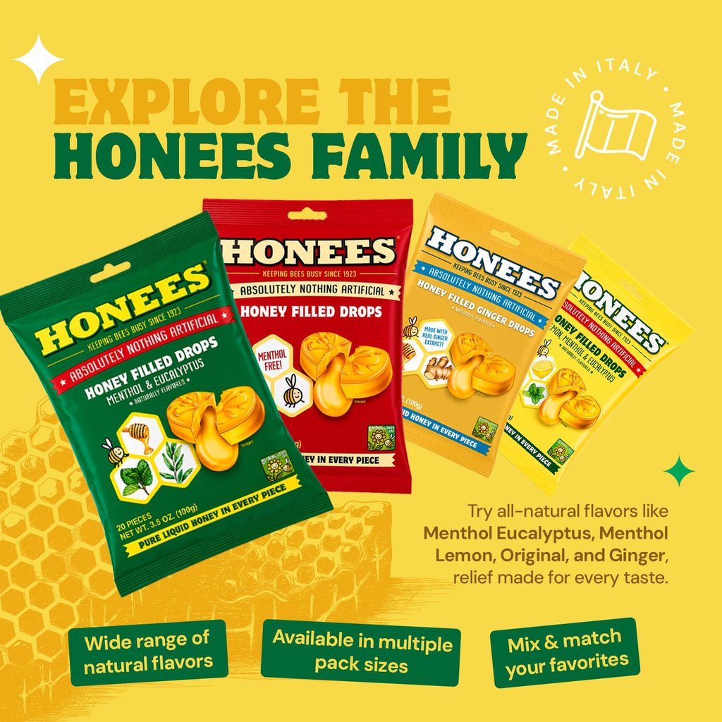 Honees Filled Menthol Cough Drops, Honey, Menthol & Eucalyptus Cough Drops- Natural Sore Throat Relief - Nothing Artificial -Throat Lozenges, Non-GMO (5 Pack - 100 Drops)
