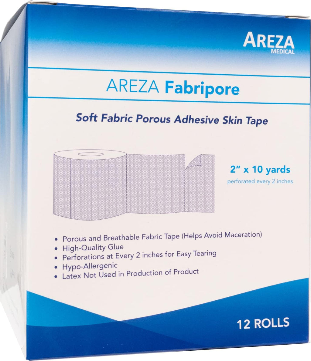 Areza Medical Surgical Tape - Porous Skin Soft Fabric Cloth Adhesive Tape - Fabripore - 2" x 10 yds. (5 cm x 9 m) - 12 Rolls per Box - 6 Boxes (Total of 72 Rolls)