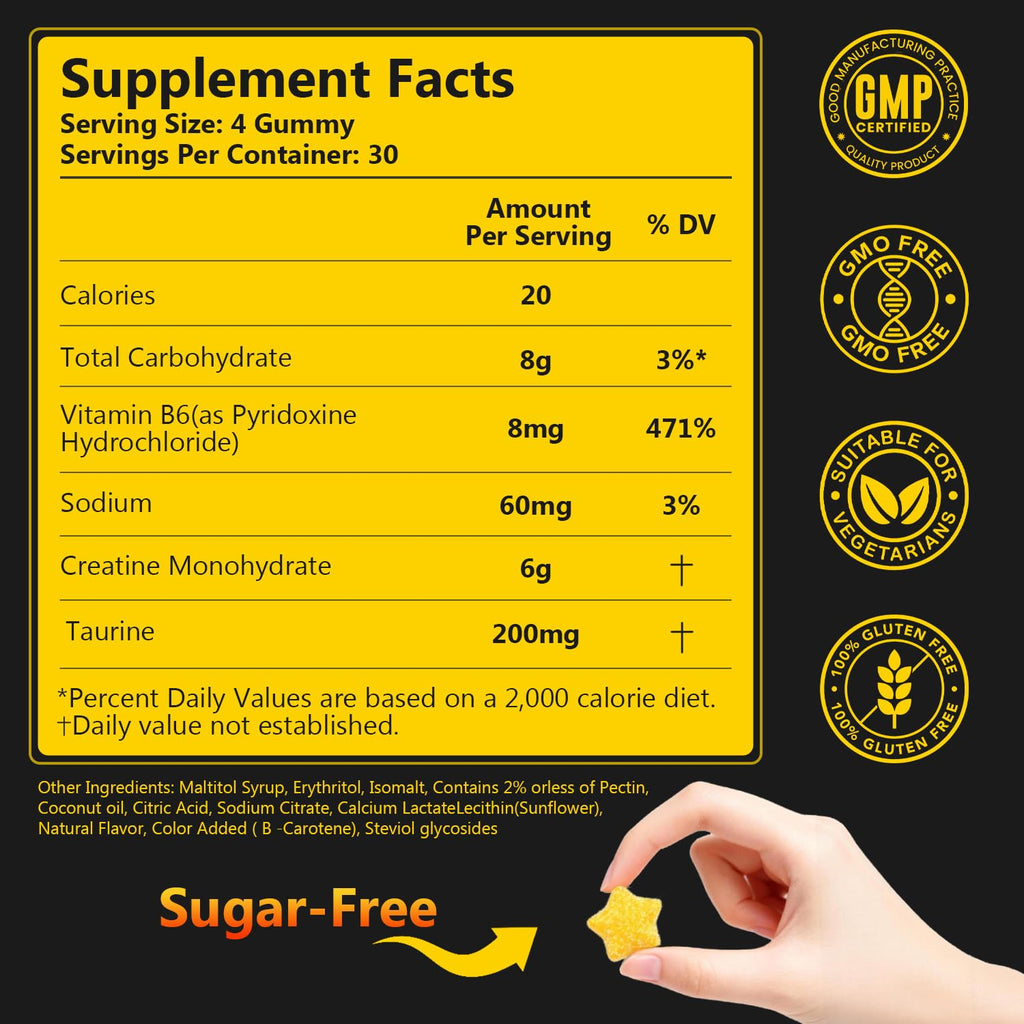 Anfinsen Sugar-Free Creatine Gummies 6000mg - Creatine Supplement for Women and Men with Vitamin B6 & Taurine, Flexible Dosing for Active Wellness, Vegan, Gluten-Free, Lemon Flavor, 120 Gummies