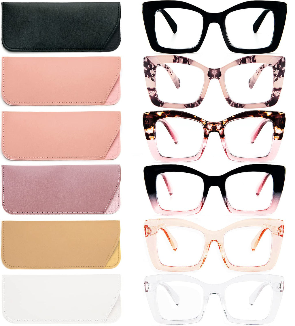 REAVEE 6 Pack Oversized Square Reading Glasses Oprah Style for Women, Blue Light Blocking Large Frame Computer Designer Fashion Readers Spring Hinge with Leather Case,1.5