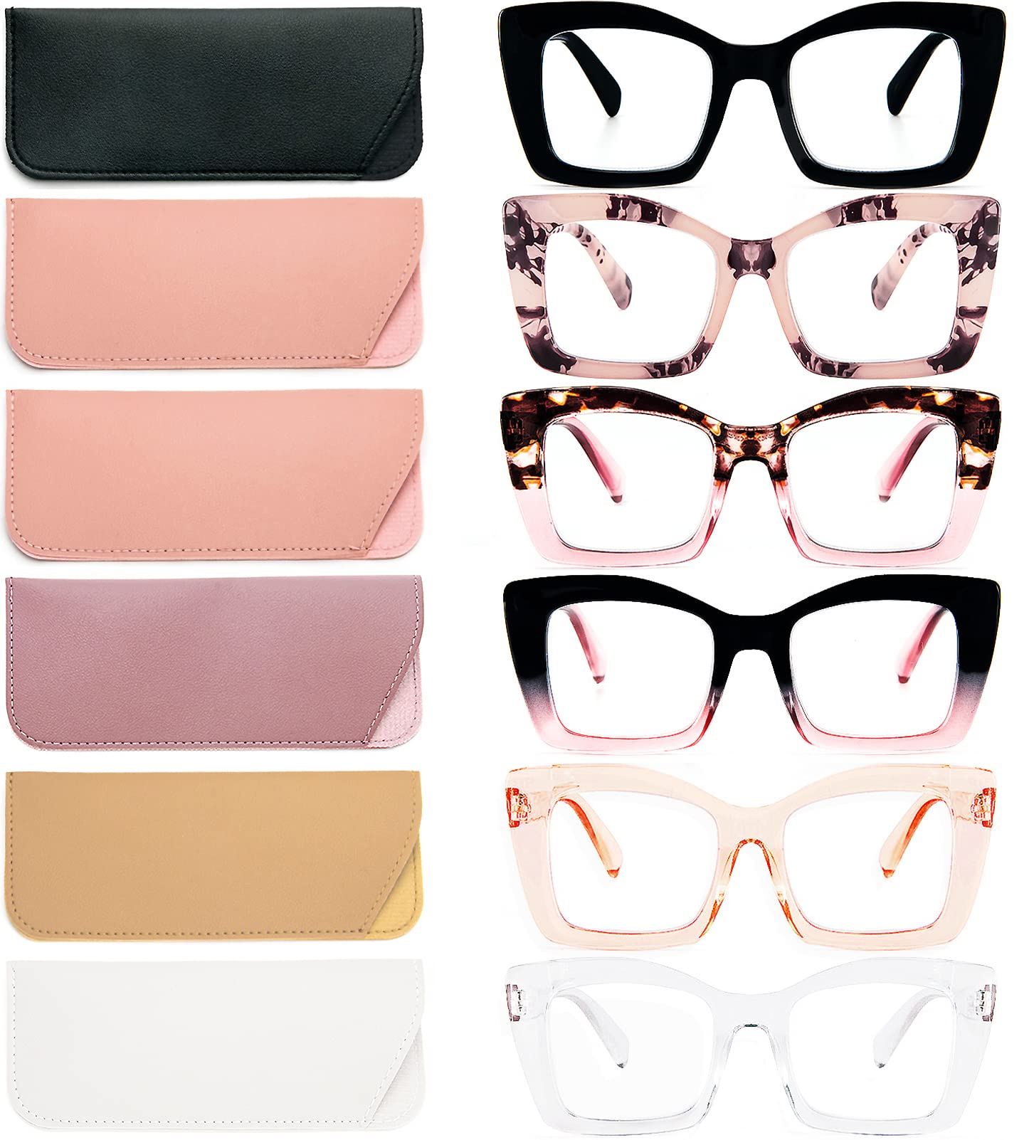 REAVEE 6 Pack Oversized Square Reading Glasses Oprah Style for Women, Blue Light Blocking Large Frame Computer Designer Fashion Readers Spring Hinge with Leather Case,1.5