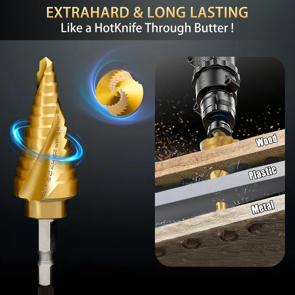 5PCS Titanium Step Drill Bit - 4241 HSS Step Bit with Two Spiral Grooved, 50 Sizes from 3/16" to 1-3/8", Steps Bits for Metal, Aluminum, Wood & Plastic, for Electricians & DIY