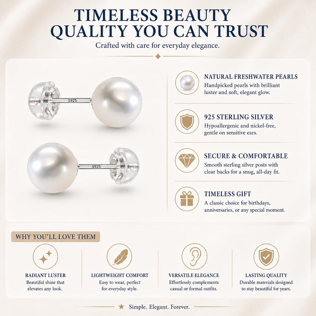Nacréliser 8-9mm Freshwater Pearl Stud Earrings | 925 Silver | AAA+Quality