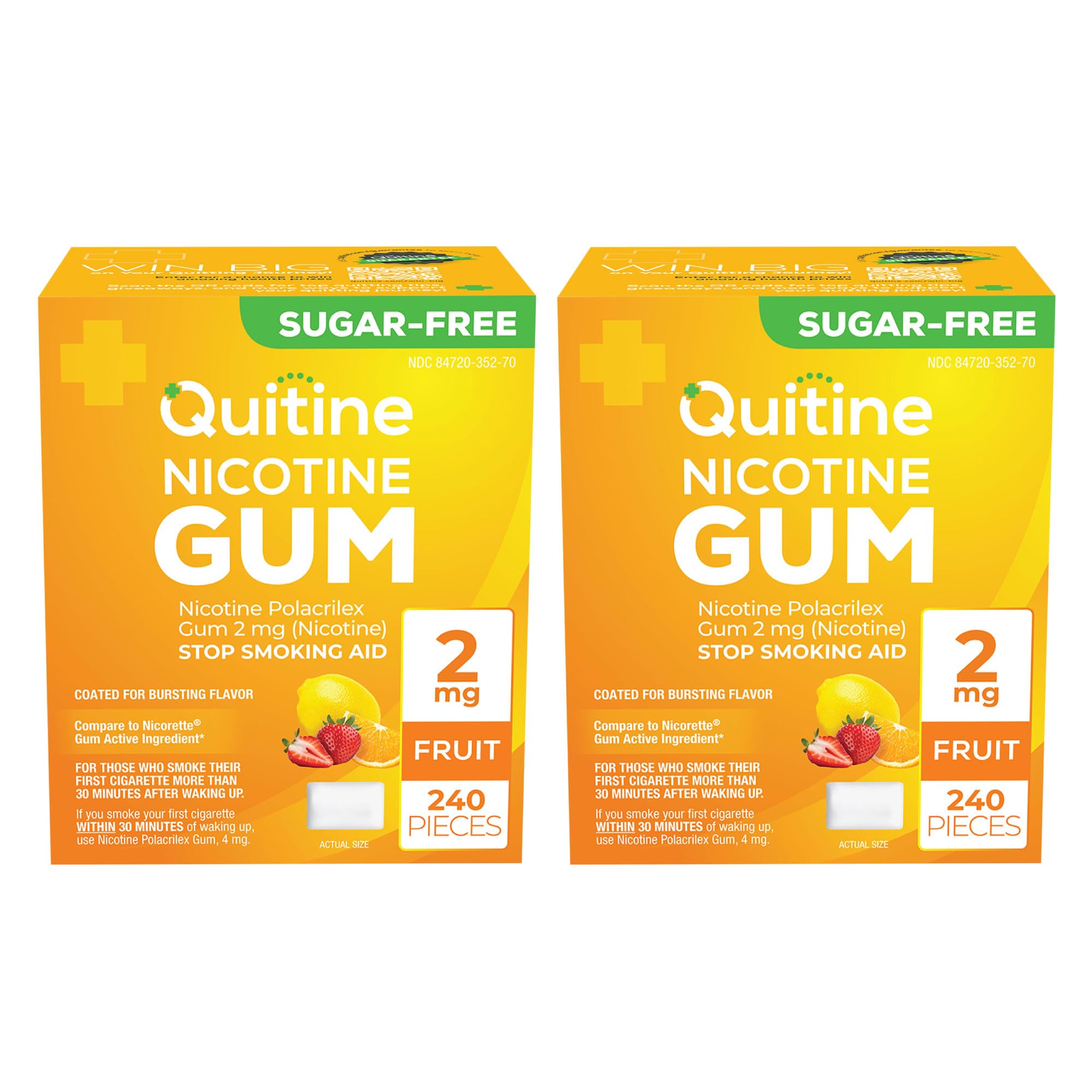 Quitine Nicotine Gum 2mg, Fruit Flavor, Stop Smoking Aid – Affordable NRT to Relieve Cravings | Coated for Quick-Burst Flavor, 480 Count (Pack of 2), Traditional Gum to Support Your Quit Journey