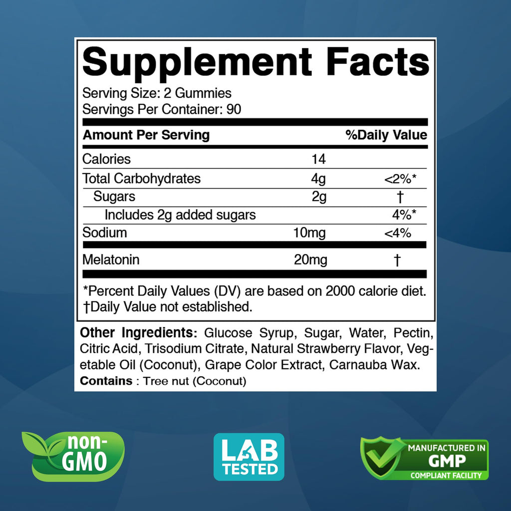 Vitabod Melatonin 20mg Gummies - 180 Count - Drug Free - Natural Strawberry Flavor - Vegetarian, Non-GMO, Gluten Free (3 Bottles)