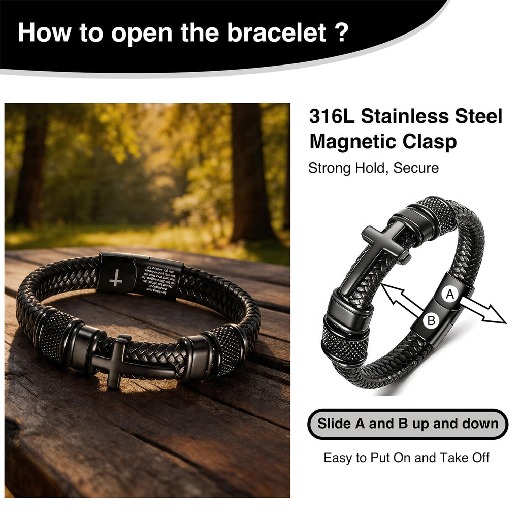Enjoy Risingsun Mens Christian Bracelet, Cross Bracelet for Men, Gifts for Husband Dad Boyfriend Son, Engraved Bible Verse Jewelry, Stainless Steel Cross, Black Braided Leather Bracelets (Joshua 1:9)