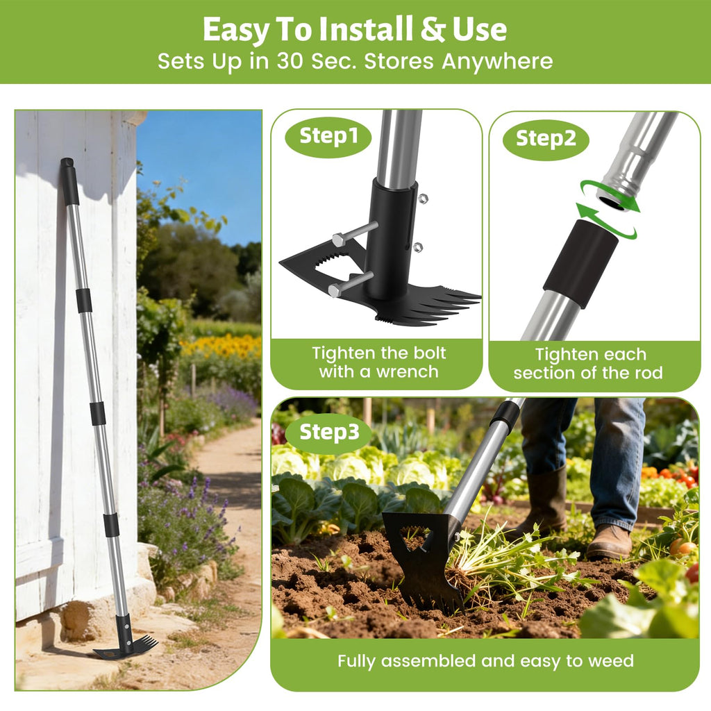 Coopvivi 2-in-1 Garden Hoe & Weed Puller Rake, 63" Adjustable Long Handle