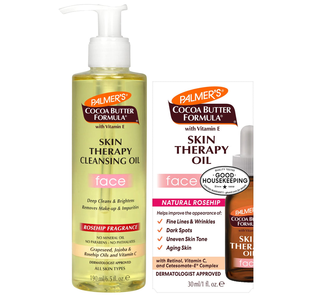 Palmer's Face Oil + Facial Cleanser Oil, Cocoa Butter with Vitamin E & Rosehip Fragrance Skin Care Bundle, Includes 1 Cleansing Oil to Clean & Brighten Skin (6.5 fl oz) and 1 Facial Oil (1 fl oz)