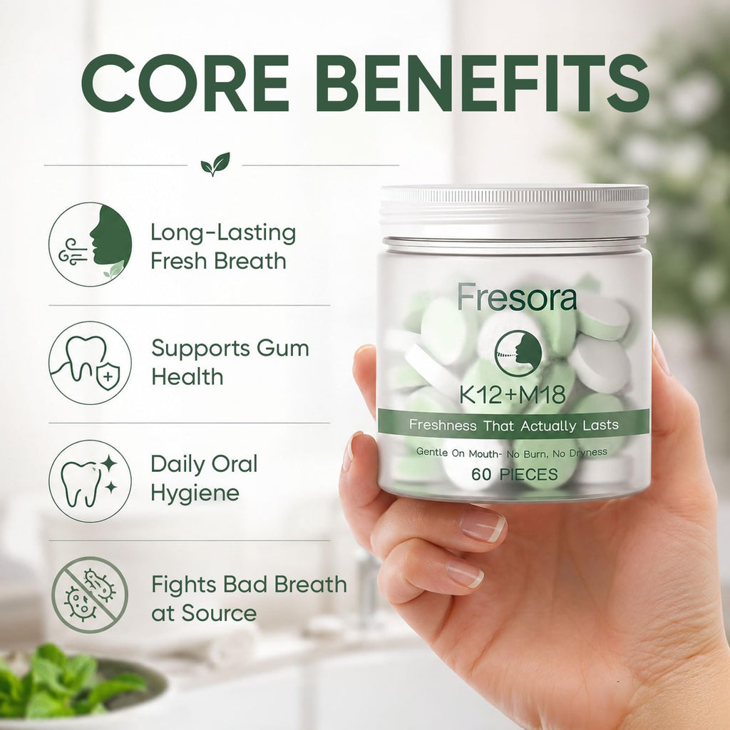 FRESORA Oral Probiotics, with K12 & M18, Oral Probiotics for Mouth Bad Breath for Adults, Sugar-Free Mint Lozenges for Oral Microbiome Balance, Defends Against Bad Breath & Dental Problems, 60 Count