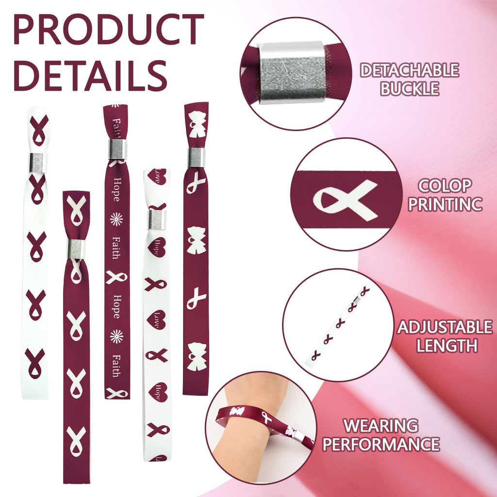 WANDIC 30 Pcs Burgundy Ribbon Bracelets, 5 Style Polyester Single Side Adjustable Multiple Myeloma Awareness Support Wristband for Event Fundraising, 6.89 * 0.59 * 0.07, no Gemstone