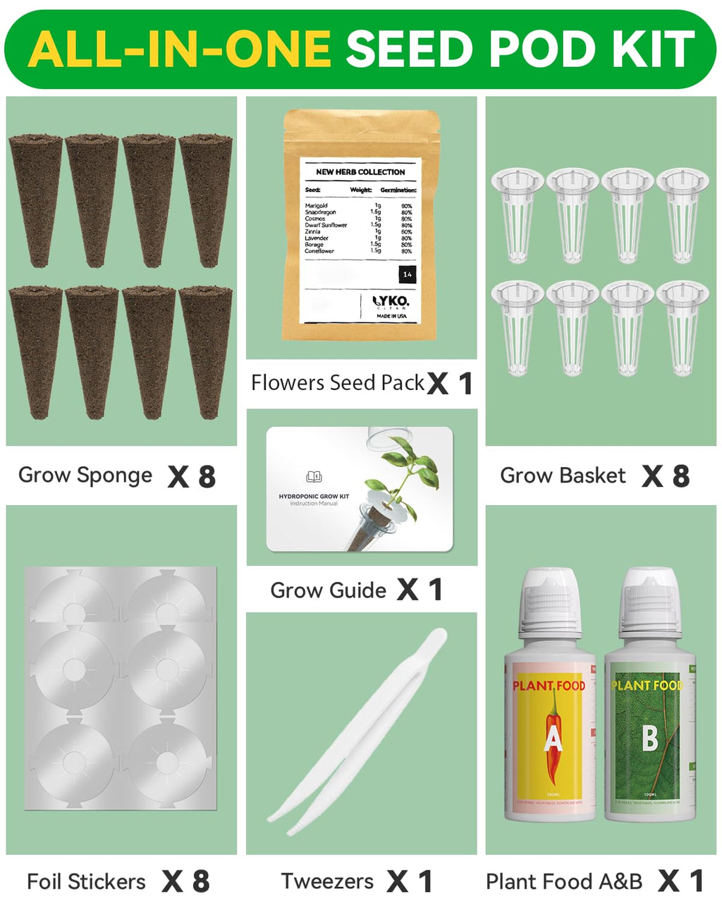 LYKOCLEAN Herb Seed Pod Kit Compatible with AeroGarden Hydroponics Growing System, Complete Indoor Gardening Supply (Vibrant Flower, 8-pods)