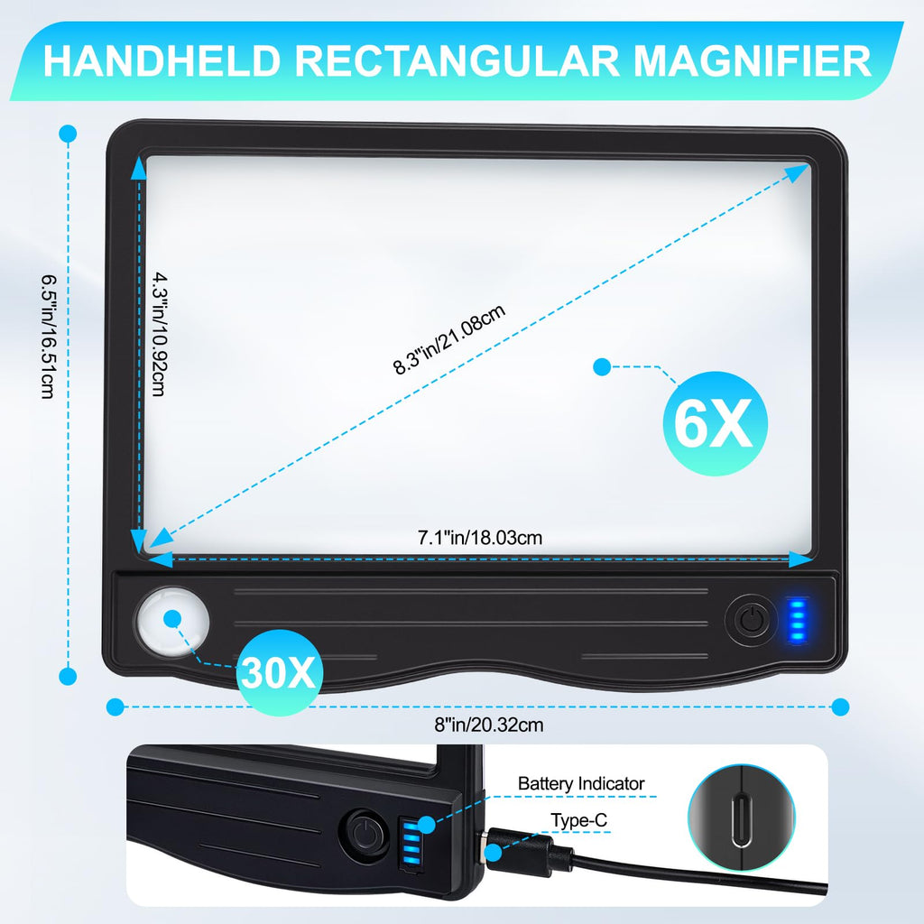 6X 30X Rechargeable Magnifying Glass with Light, Handheld Magnifying Glass for Reading, Large Full Page Magnifier with Light, Lightweight Book Magnifier for Reading Small Prints Seniors Low Vision