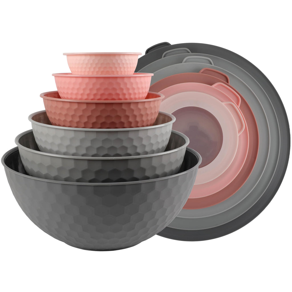 COOK WITH COLOR Mixing Bowls with Lids - 12 Piece Plastic Nesting Bowls Set includes 6 Prep Bowls and 6 Lids, Non Slip Bottom and Embossed Design - Microwave Safe (Pink)