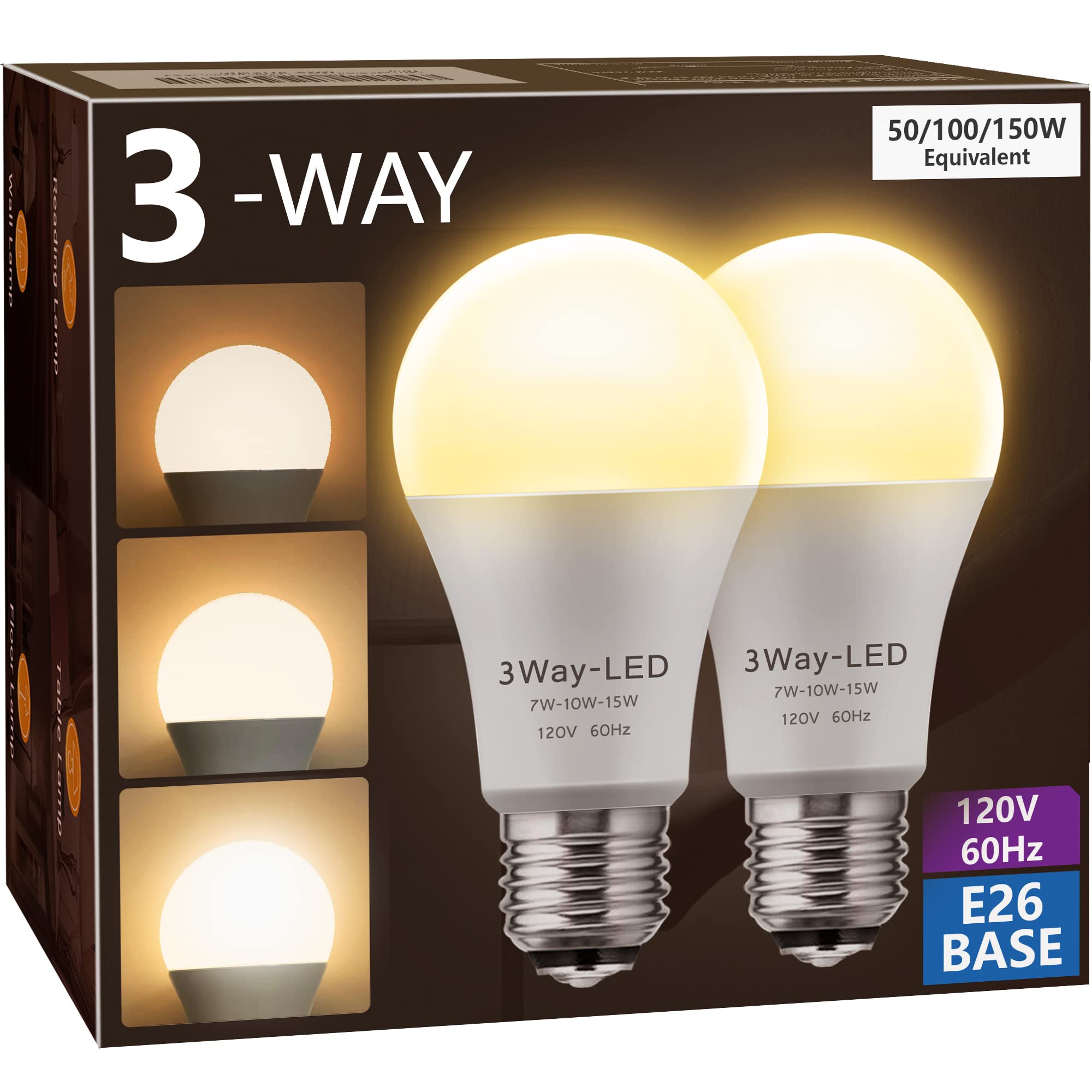 Briignite LED Light Bulbs, 3 Way LED Light Bulbs 50 100 150W Equivalent, 3 Way Light Bulb, Three Way A19 Light Bulbs E26 Medium Base, Warm White 3000K, 500lm-1000lm-1500lm, 2 Pack