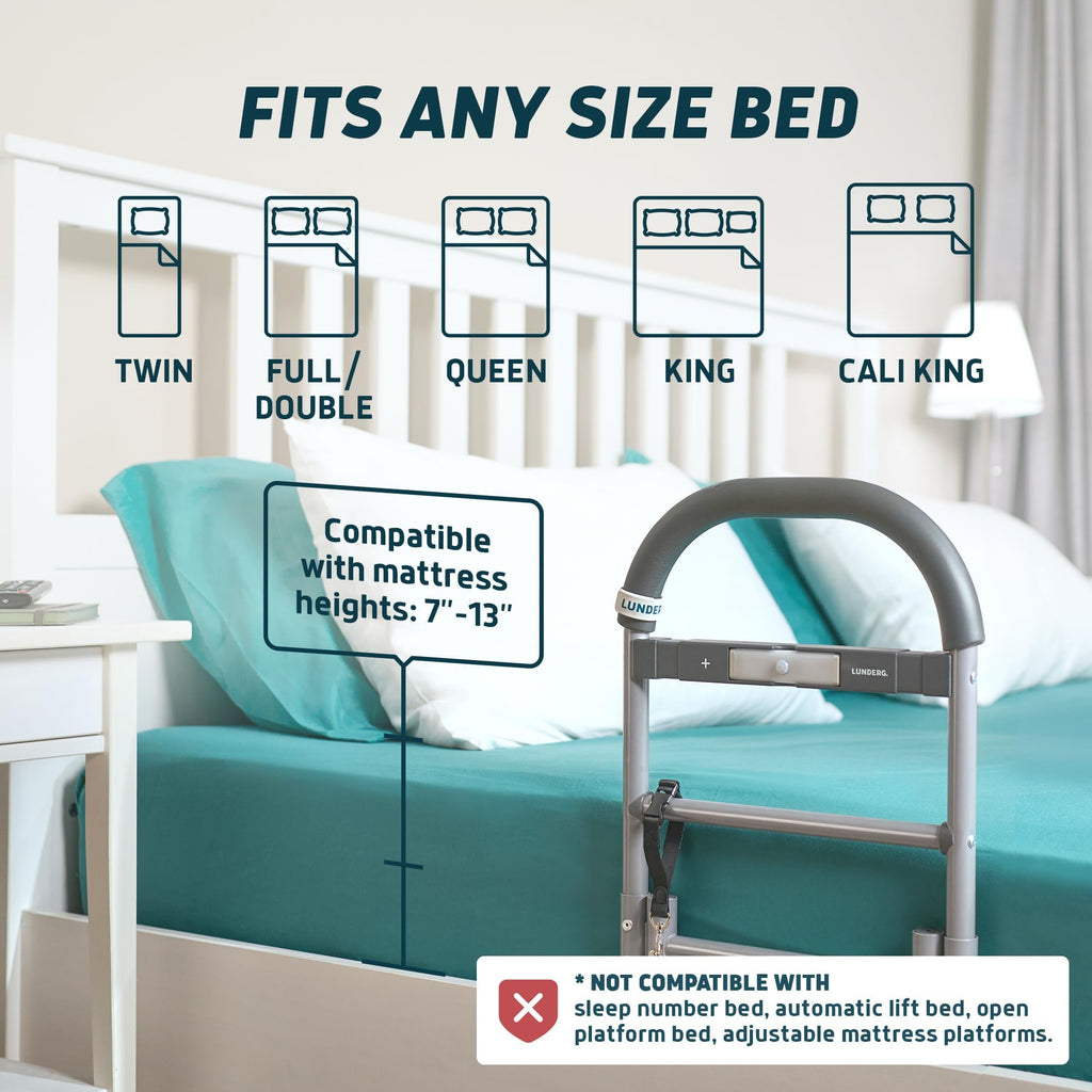 Lunderg Bed Assist Rail for Seniors with Motion-Activated Light & Non-Slip Grab Bar - Easy to Install Bed Rails for Elderly Adults Safety & Post-Surgery - Helps Reduce Falls & Support Independence
