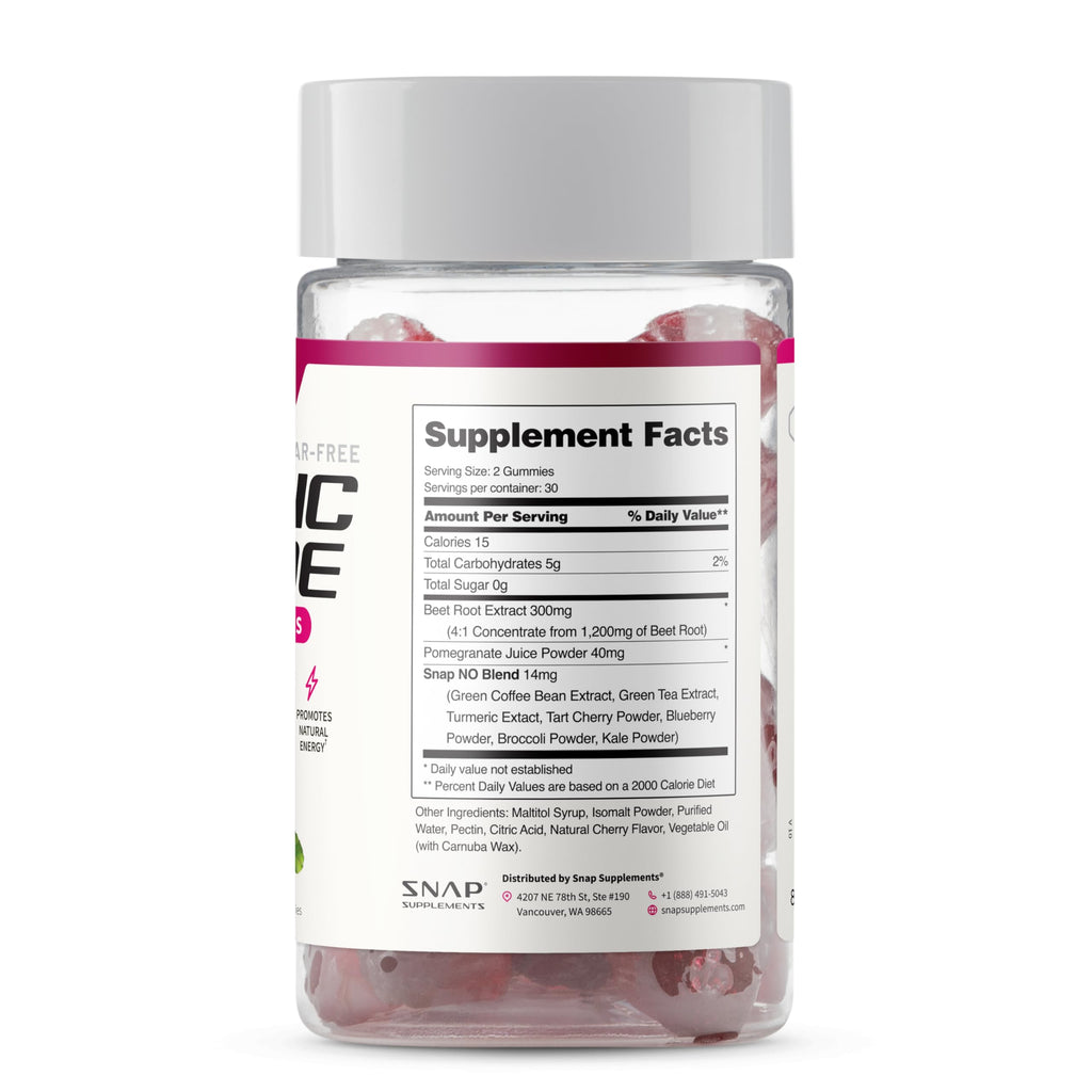 Snap Supplements Nitric Oxide Gummies - Beet Root Extract 300mg, Sugar Free Beetroot Supplement with Pomegranate Powder for Circulation & Natural Energy, 60 Vegan Gummies, Cherry Flavor